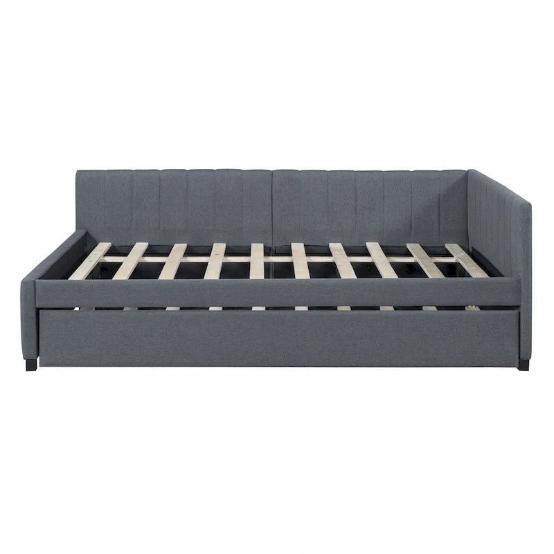 Lit de repos rembourré pleine grandeur avec lit gigogne, aucun sommier tapissier requis, tissu de lin, beige