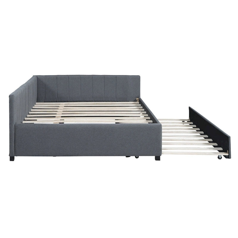 Lit de repos rembourré pleine grandeur avec lit gigogne, aucun sommier tapissier requis, tissu de lin, beige