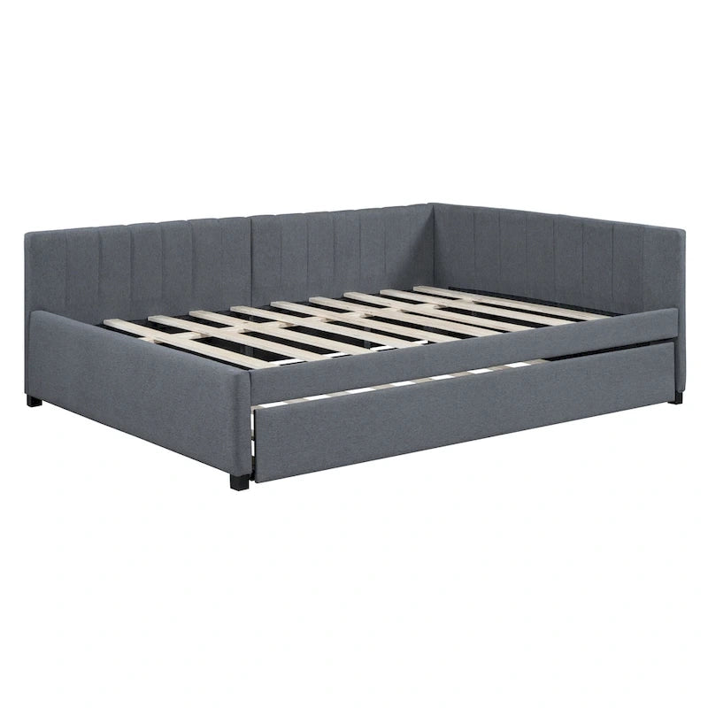 Lit de repos rembourré pleine grandeur avec lit gigogne, aucun sommier tapissier requis, tissu de lin, beige