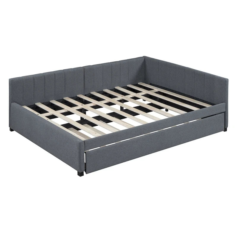 Lit de repos rembourré pleine grandeur avec lit gigogne, aucun sommier tapissier requis, tissu de lin, beige