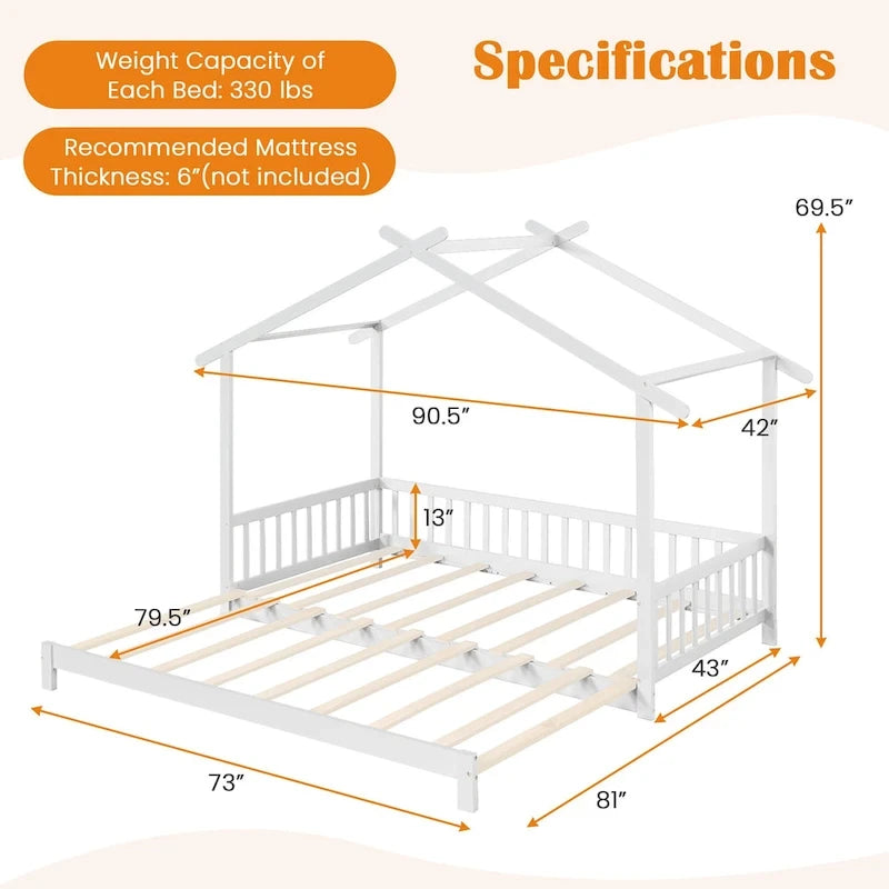 Gymax Lit cabane en bois, taille double à très grand lit avec barrières de sécurité et décors