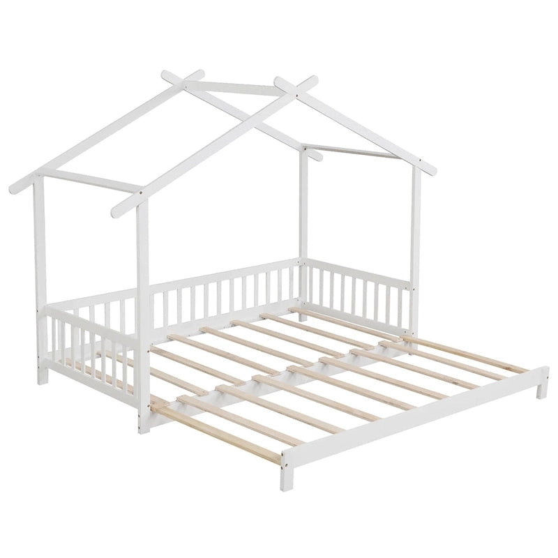 Gymax Lit cabane en bois, taille double à très grand lit avec barrières de sécurité et décors