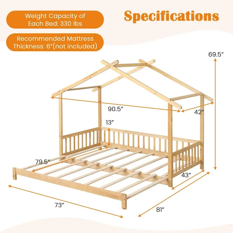 Gymax Lit cabane en bois, taille double à très grand lit avec barrières de sécurité et décors