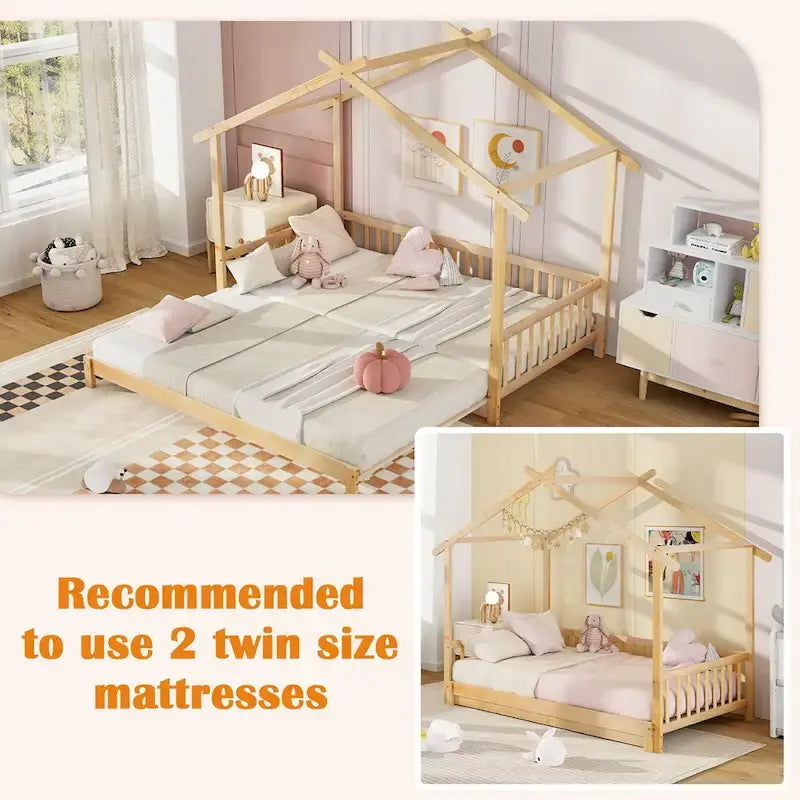Gymax Lit cabane en bois, taille double à très grand lit avec barrières de sécurité et décors