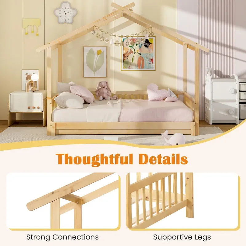 Gymax Lit cabane en bois, taille double à très grand lit avec barrières de sécurité et décors
