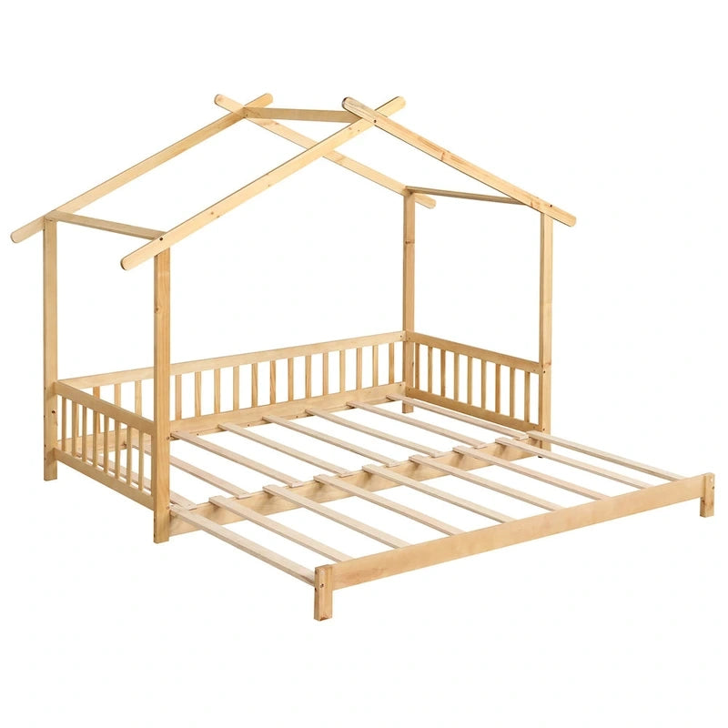 Gymax Lit cabane en bois, taille double à très grand lit avec barrières de sécurité et décors