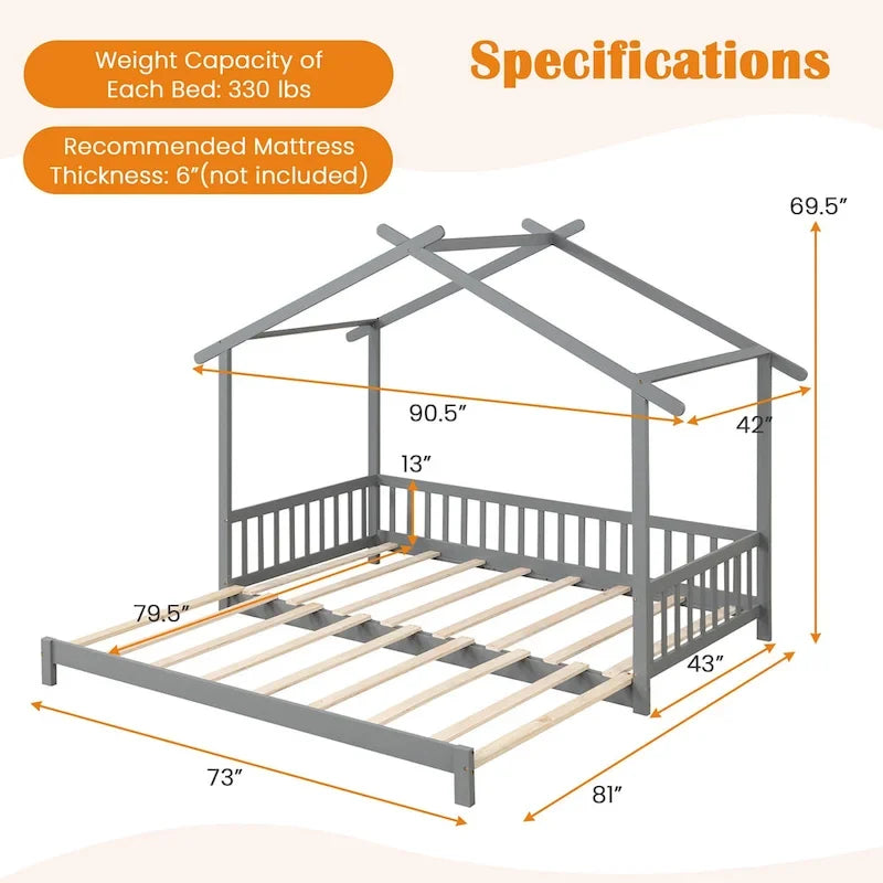 Gymax Lit cabane en bois, taille double à très grand lit avec barrières de sécurité et décors