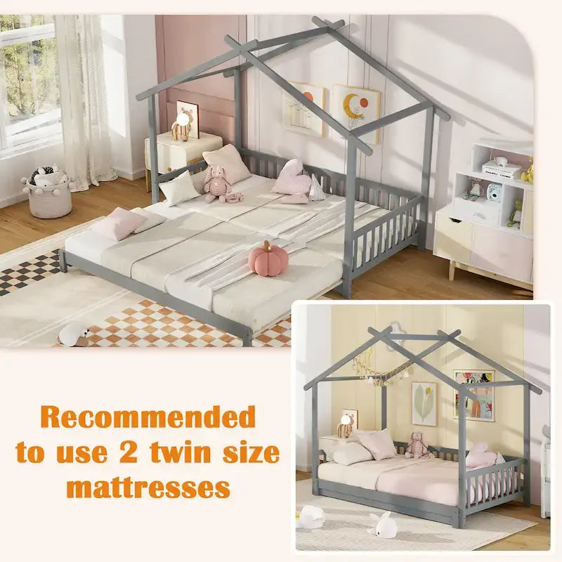 Gymax Lit cabane en bois, taille double à très grand lit avec barrières de sécurité et décors