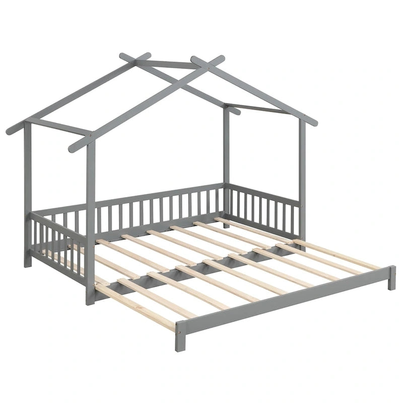 Gymax Lit cabane en bois, taille double à très grand lit avec barrières de sécurité et décors