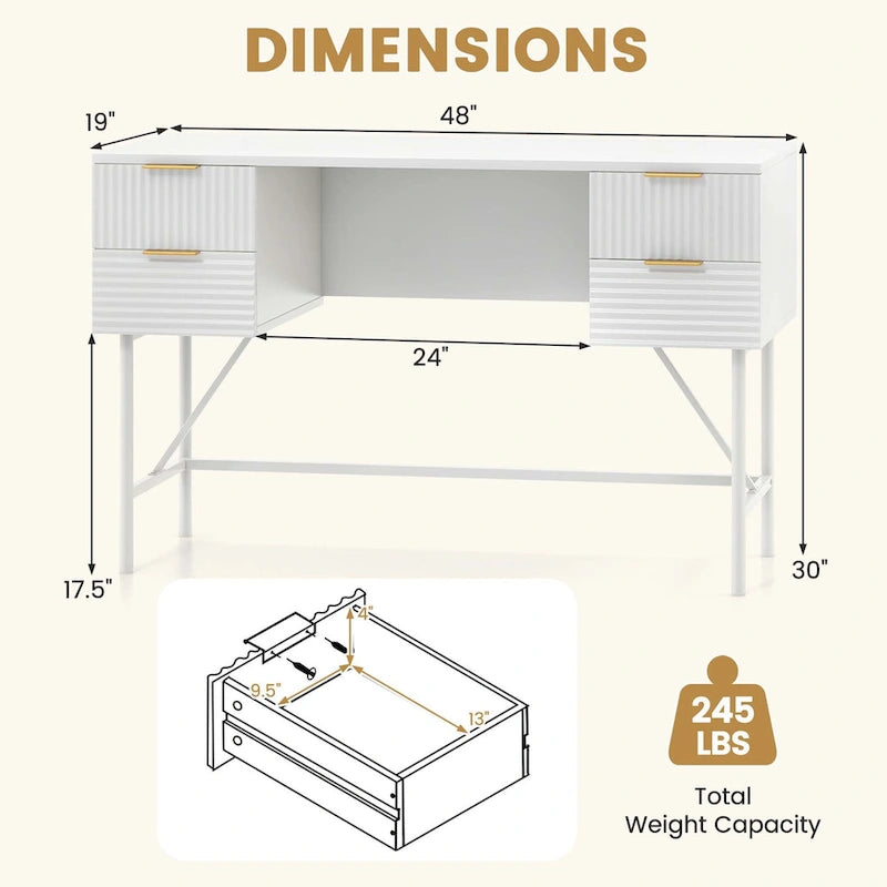 Costway Bureau informatique 48" avec 4 tiroirs de rangement et cadre métallique moderne