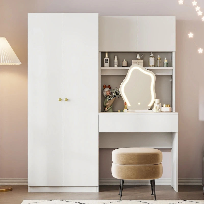 Penderie 4-en-1 avec coiffeuse, armoire de chambre avec miroir éclairé, armoire à deux portes