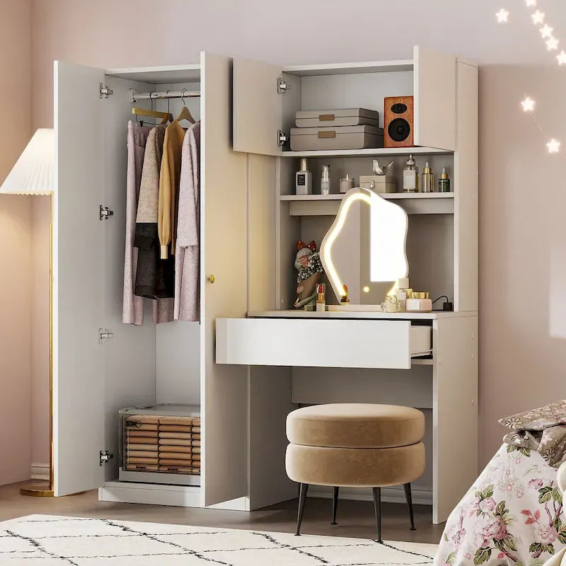Penderie 4-en-1 avec coiffeuse, armoire de chambre avec miroir éclairé, armoire à deux portes