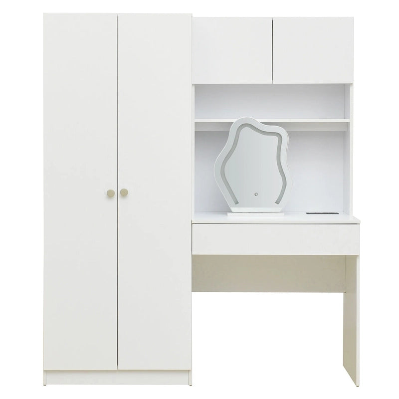 Penderie 4-en-1 avec coiffeuse, armoire de chambre avec miroir éclairé, armoire à deux portes