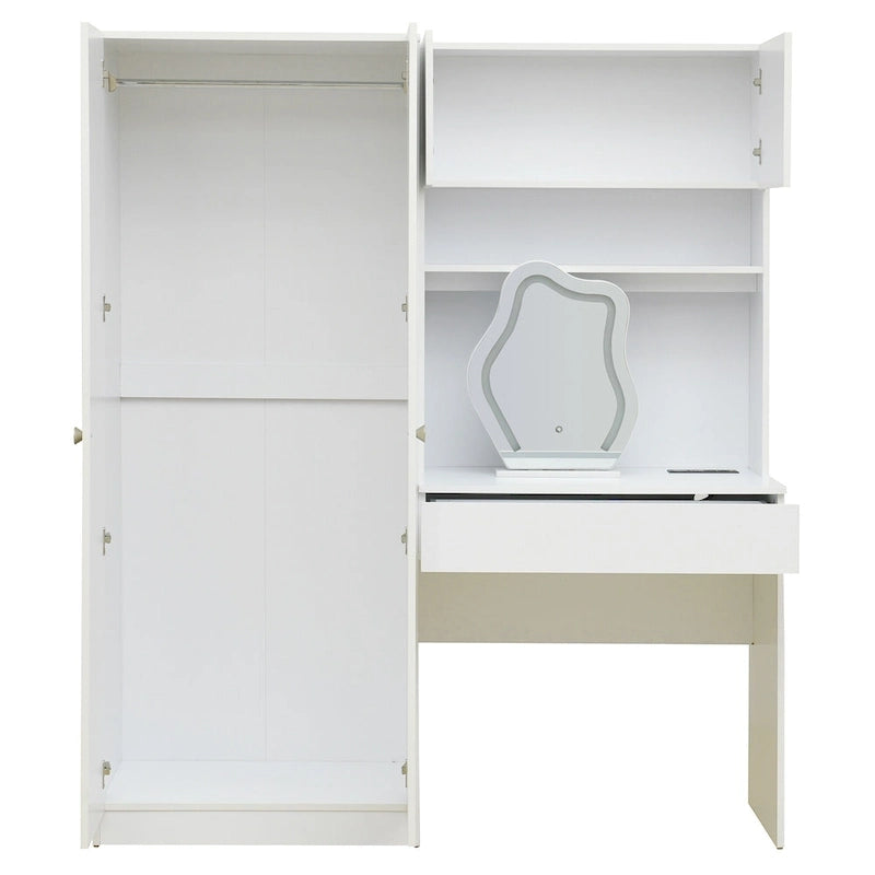 Penderie 4-en-1 avec coiffeuse, armoire de chambre avec miroir éclairé, armoire à deux portes
