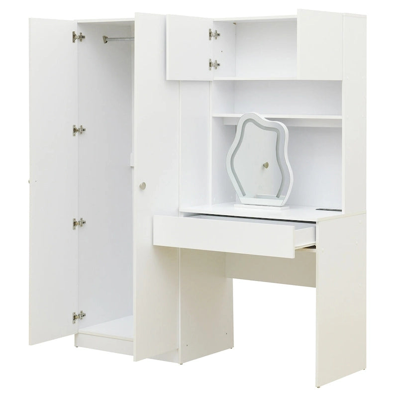 Penderie 4-en-1 avec coiffeuse, armoire de chambre avec miroir éclairé, armoire à deux portes