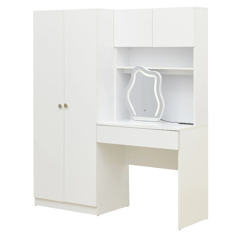 Penderie 4-en-1 avec coiffeuse, armoire de chambre avec miroir éclairé, armoire à deux portes