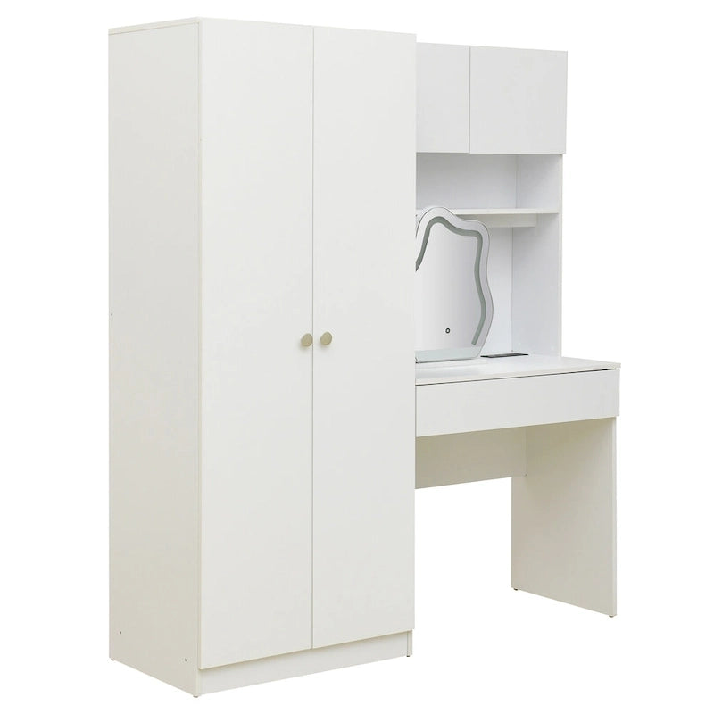 Penderie 4-en-1 avec coiffeuse, armoire de chambre avec miroir éclairé, armoire à deux portes