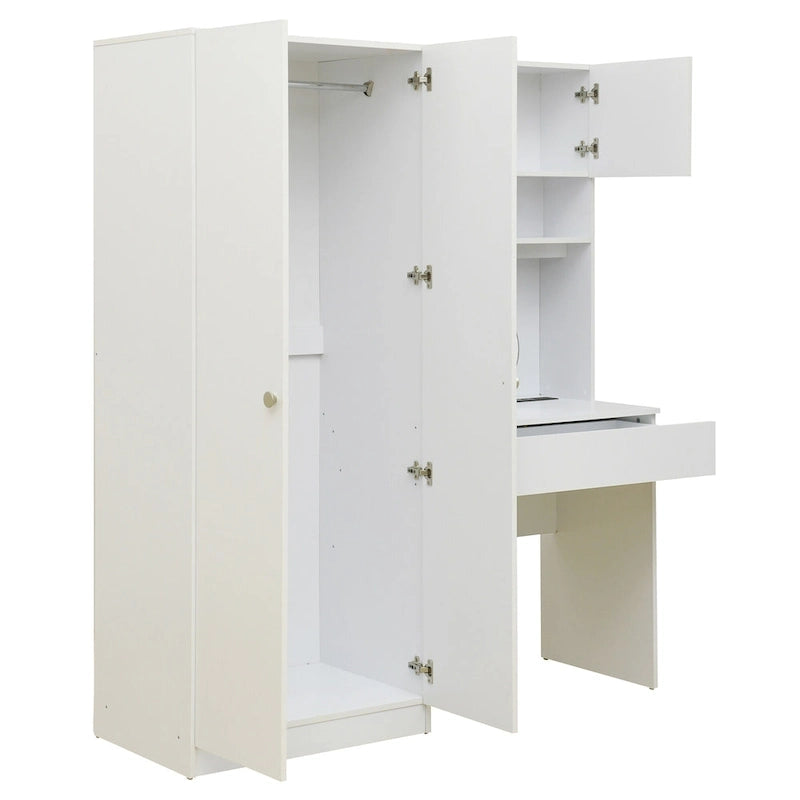 Penderie 4-en-1 avec coiffeuse, armoire de chambre avec miroir éclairé, armoire à deux portes