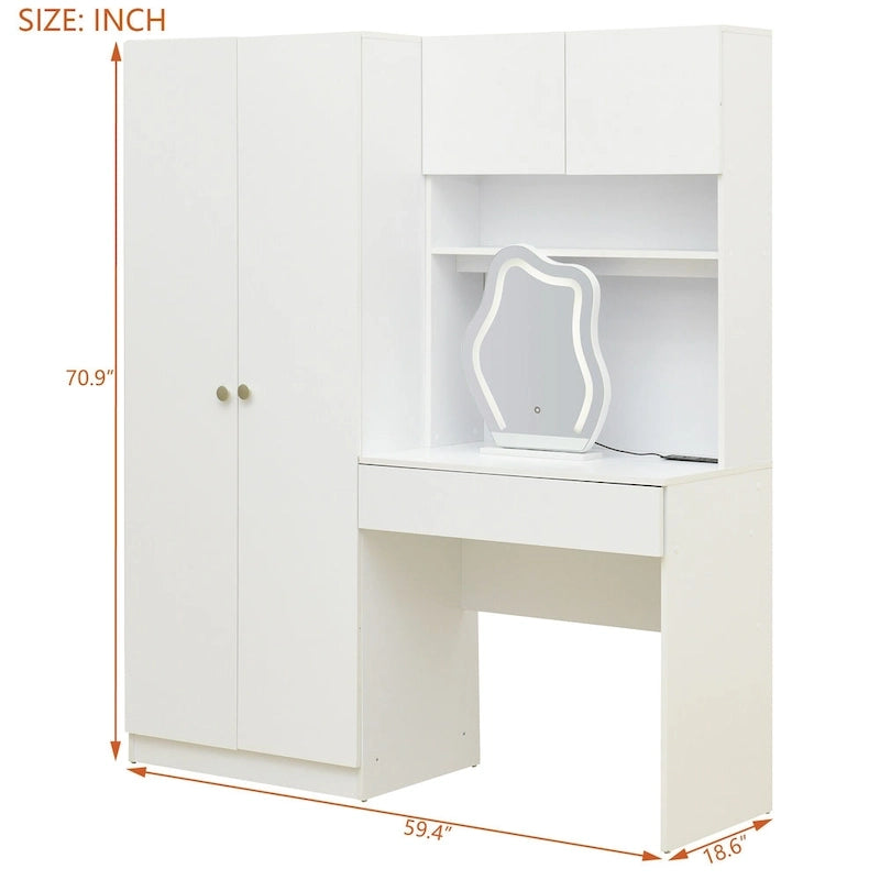 Penderie 4-en-1 avec coiffeuse, armoire de chambre avec miroir éclairé, armoire à deux portes