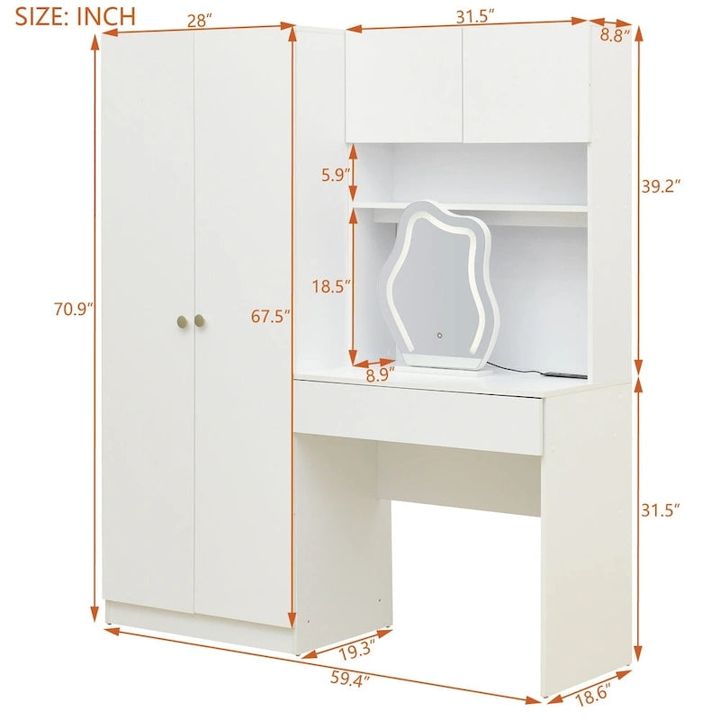 Penderie 4-en-1 avec coiffeuse, armoire de chambre avec miroir éclairé, armoire à deux portes
