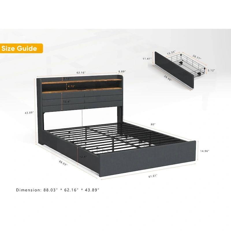 Cadre de lit Queen polyvalent avec de multiples fonctionnalités pour une expérience de chambre optimale