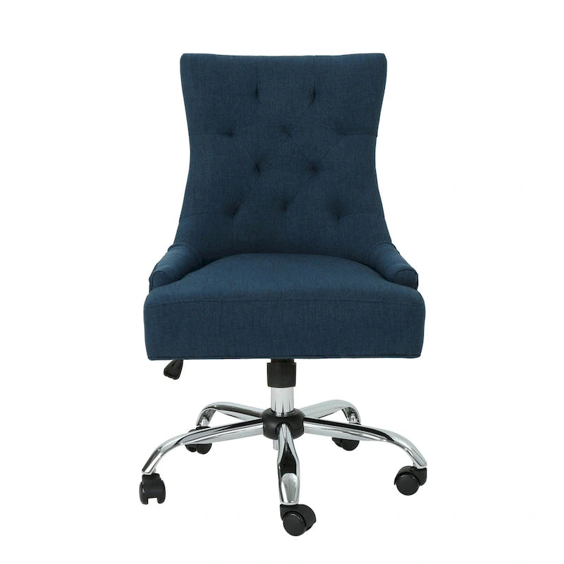 Chaise de bureau pivotante Ovi, tissu bleu marine, dossier capitonné, roulettes