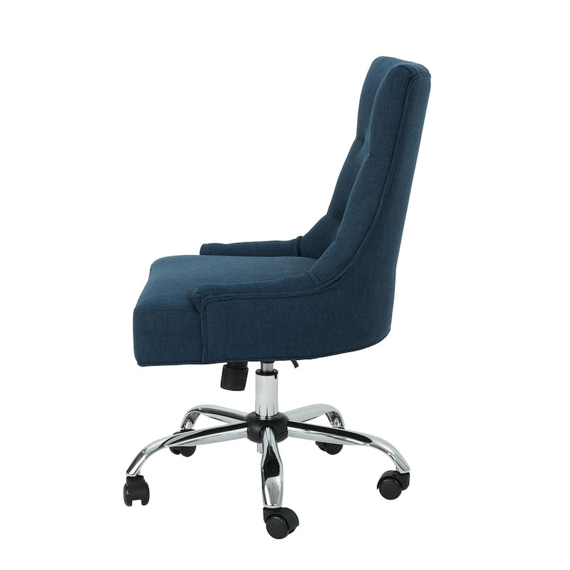 Chaise de bureau pivotante Ovi, tissu bleu marine, dossier capitonné, roulettes