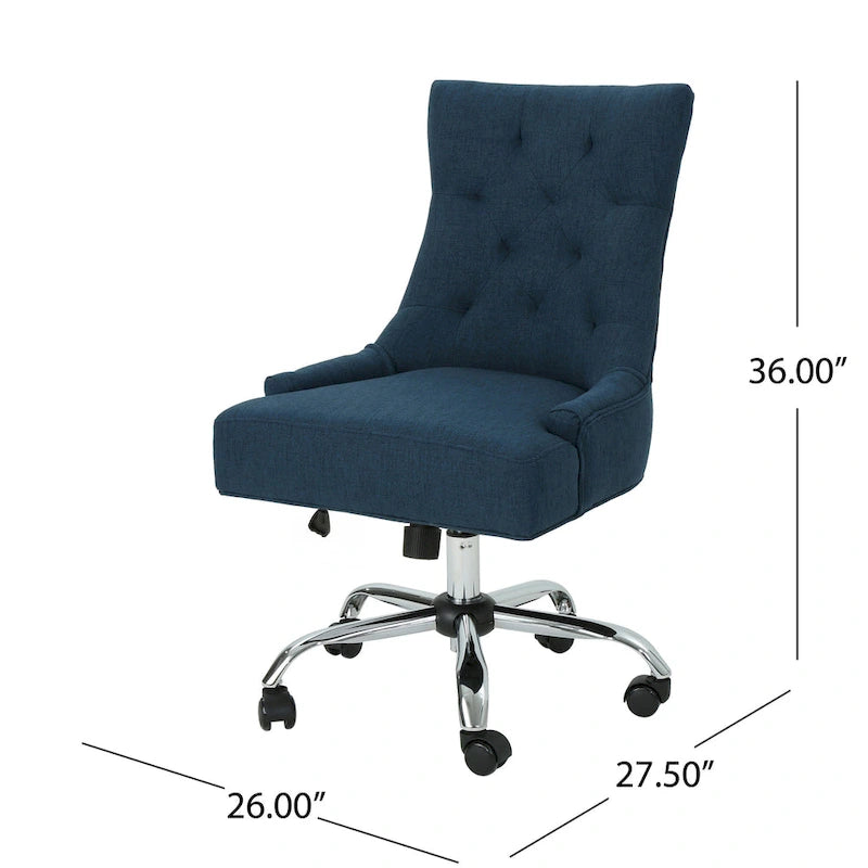 Chaise de bureau pivotante Ovi, tissu bleu marine, dossier capitonné, roulettes