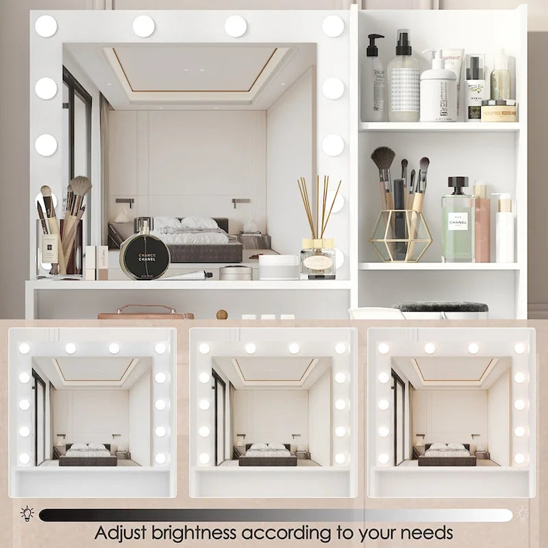 Coiffeuse avec miroir et lumières, Coiffeuse de maquillage avec tiroir et étagères de rangement, Table de maquillage avec 3 modes d'éclairage