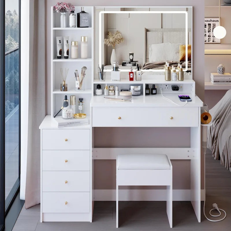 Coiffeuse avec miroir LED tactile, table de maquillage avec support pour sèche-cheveux, ensemble coiffeuse avec tabouret rembourré