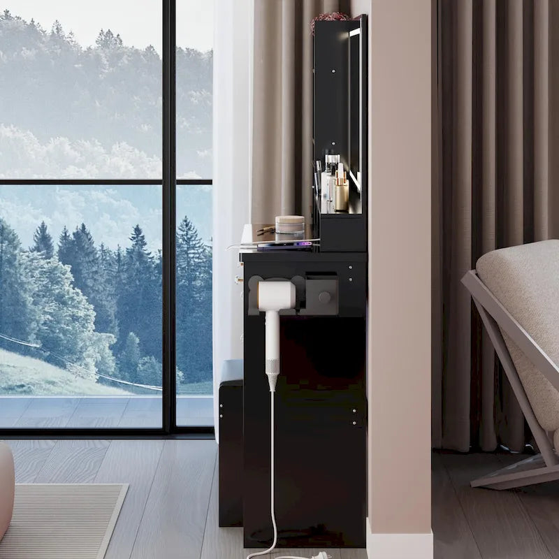 Vanity Desk with Touch Control LED Mirror, Makeup Table with Hair Dryer Stand, Vanity Table Set with Cushioned Stool