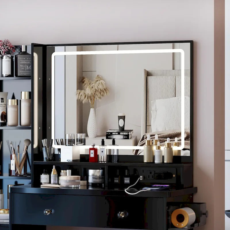 Coiffeuse avec miroir LED tactile, table de maquillage avec support pour sèche-cheveux, ensemble coiffeuse avec tabouret rembourré