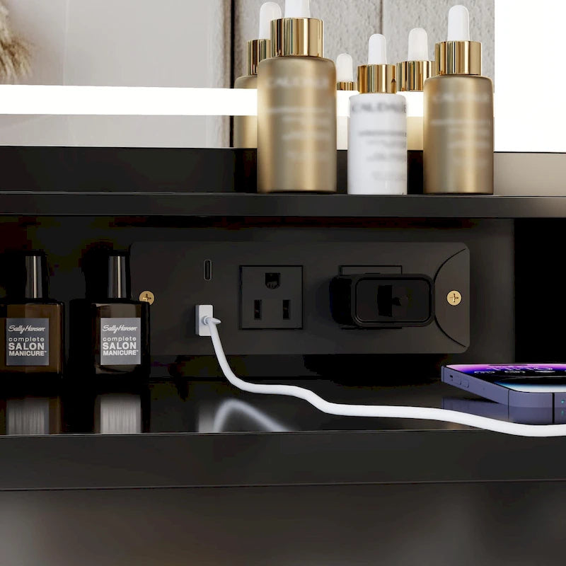 Coiffeuse avec miroir LED tactile, table de maquillage avec support pour sèche-cheveux, ensemble coiffeuse avec tabouret rembourré
