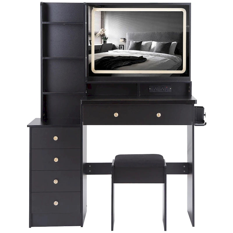 Coiffeuse avec miroir LED tactile, table de maquillage avec support pour sèche-cheveux, ensemble coiffeuse avec tabouret rembourré