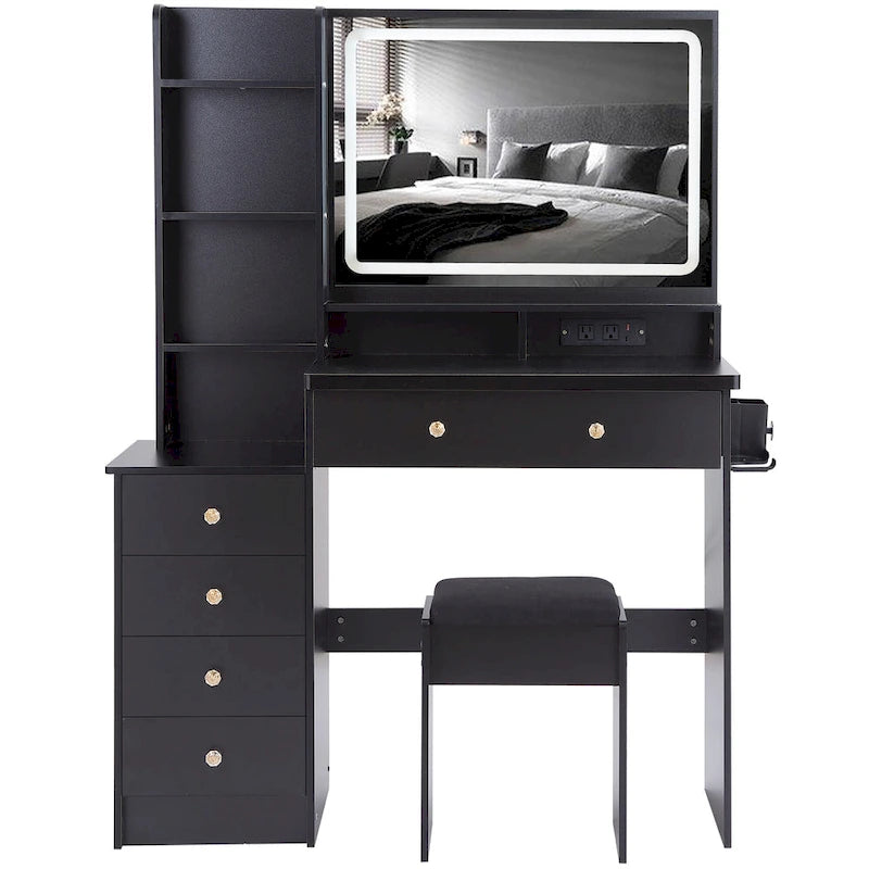 Coiffeuse avec miroir LED tactile, table de maquillage avec support pour sèche-cheveux, ensemble coiffeuse avec tabouret rembourré