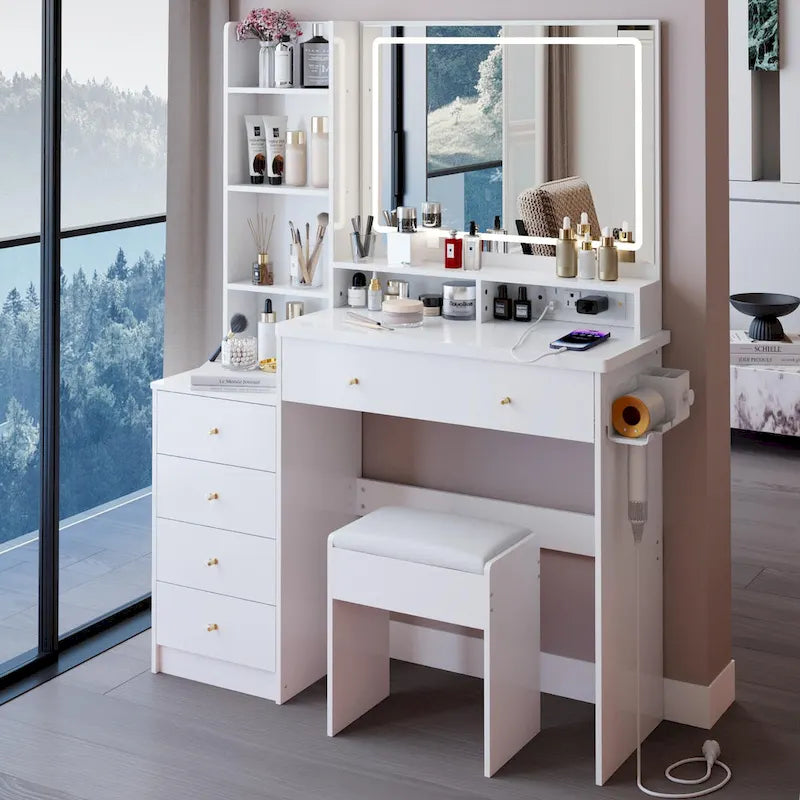 Coiffeuse avec miroir LED tactile, table de maquillage avec support pour sèche-cheveux, ensemble coiffeuse avec tabouret rembourré