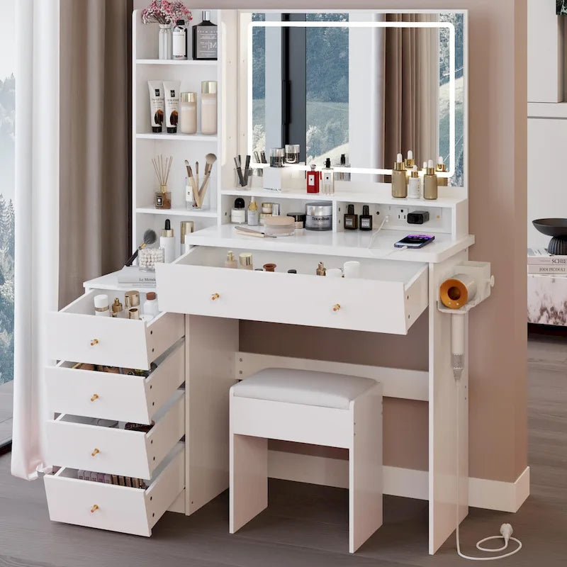 Coiffeuse avec miroir LED tactile, table de maquillage avec support pour sèche-cheveux, ensemble coiffeuse avec tabouret rembourré