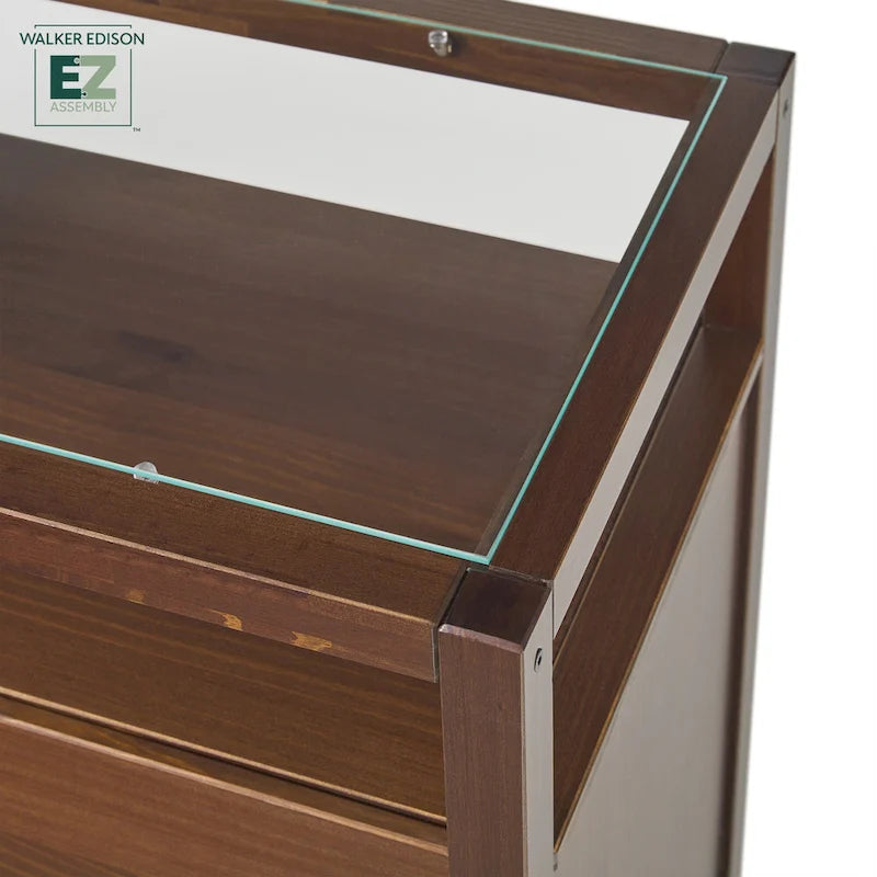 Commode en bois massif Walker Edison avec plateau en verre trempé