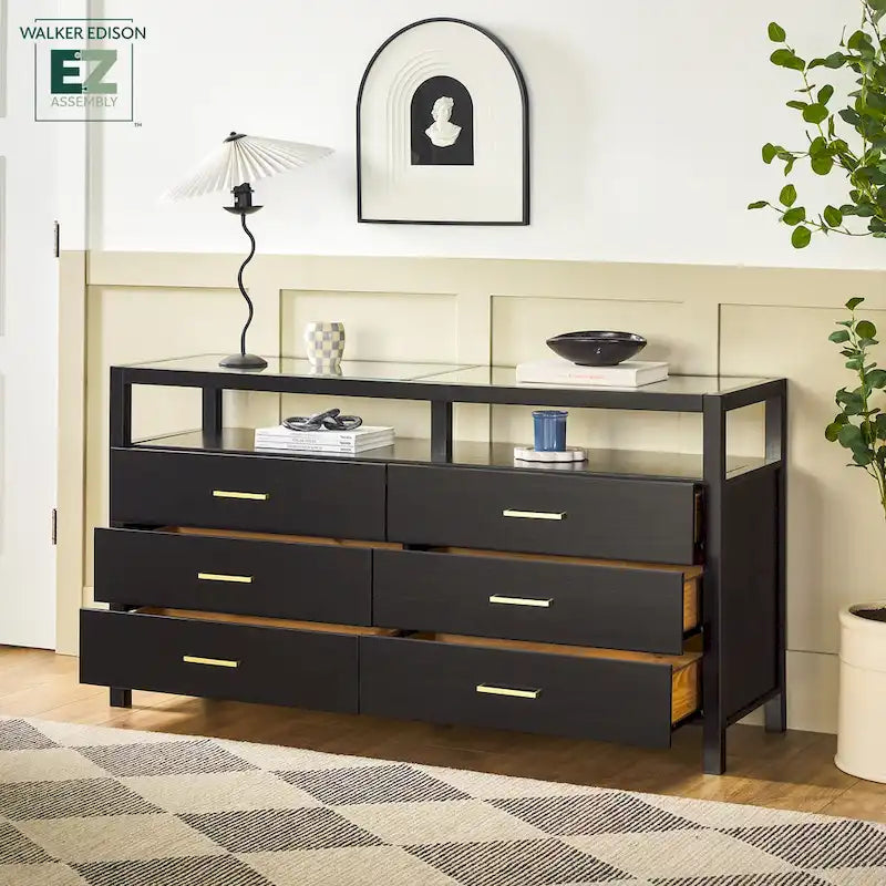 Commode en bois massif Walker Edison avec plateau en verre trempé