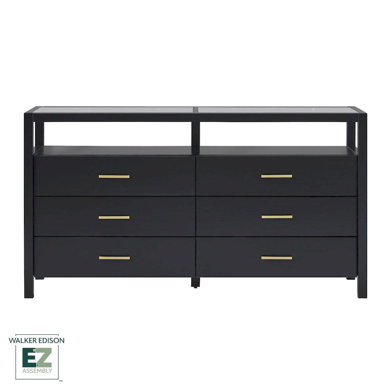 Commode en bois massif Walker Edison avec plateau en verre trempé