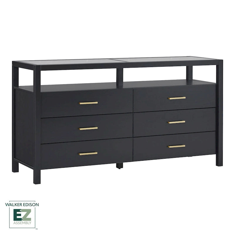 Commode en bois massif Walker Edison avec plateau en verre trempé
