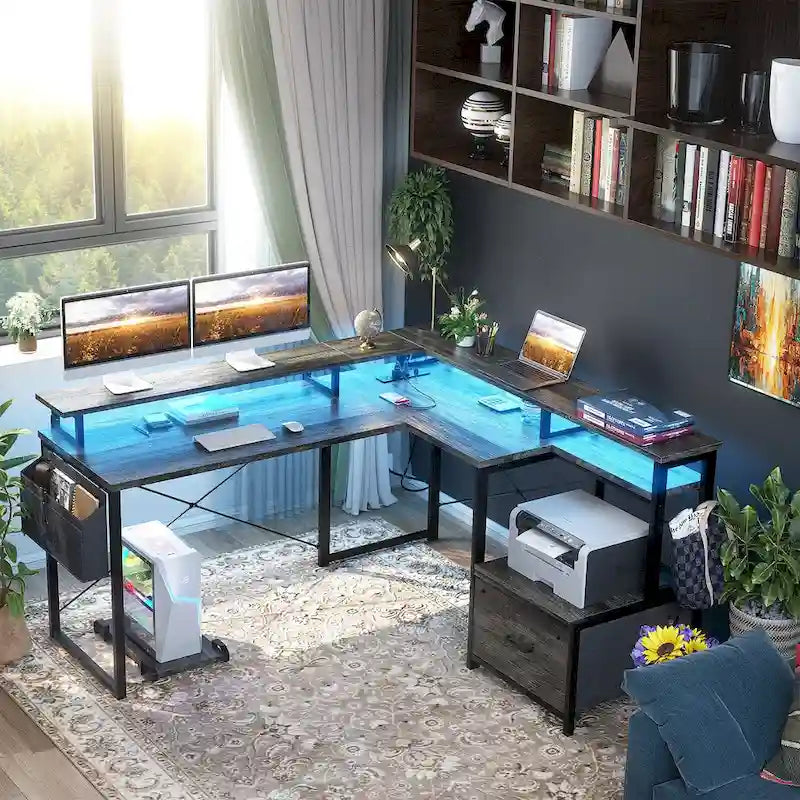 Bureau d'angle en forme de L avec tiroir de classement et support d'imprimante, bureau d'angle réversible pour ordinateur avec prise de courant et bande LED