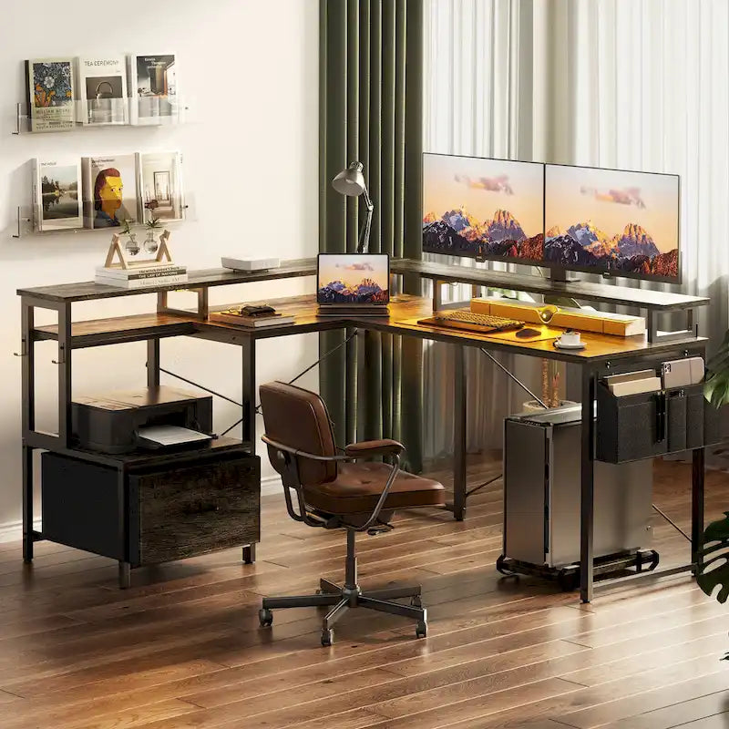 Bureau d'angle en forme de L avec tiroir de classement et support d'imprimante, bureau d'angle réversible pour ordinateur avec prise de courant et bande LED