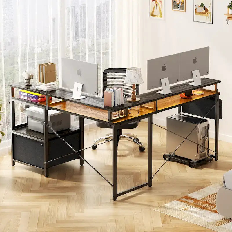 Bureau d'angle en forme de L avec tiroir de classement et support d'imprimante, bureau d'angle réversible pour ordinateur avec prise de courant et bande LED