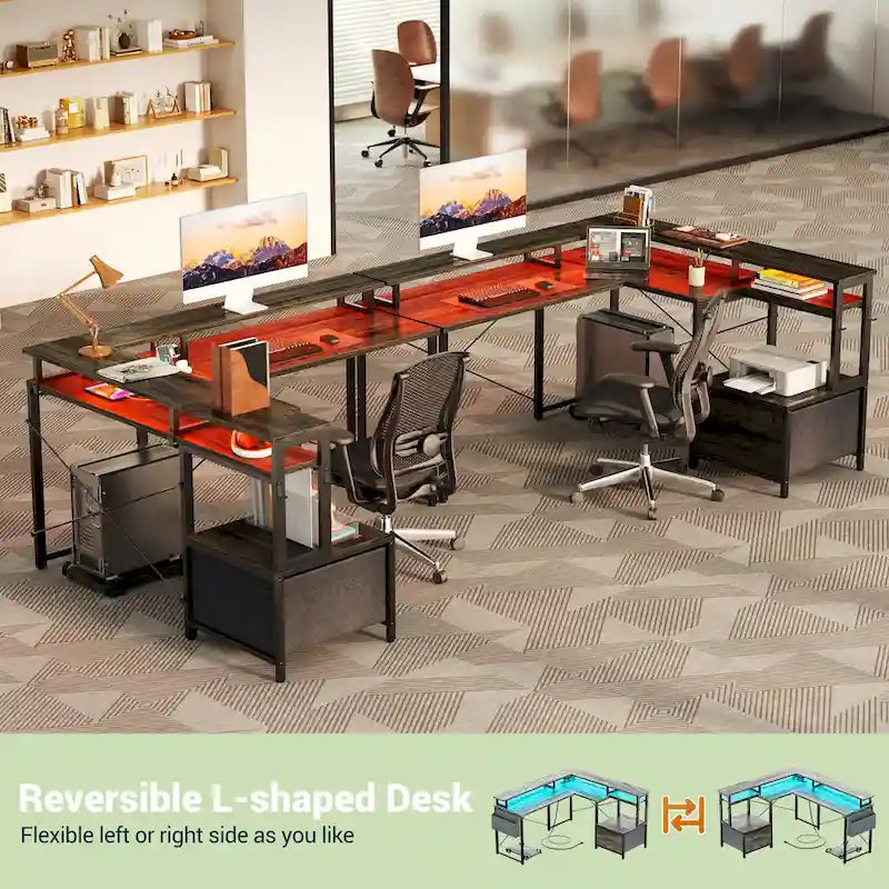 Bureau d'angle en forme de L avec tiroir de classement et support d'imprimante, bureau d'angle réversible pour ordinateur avec prise de courant et bande LED