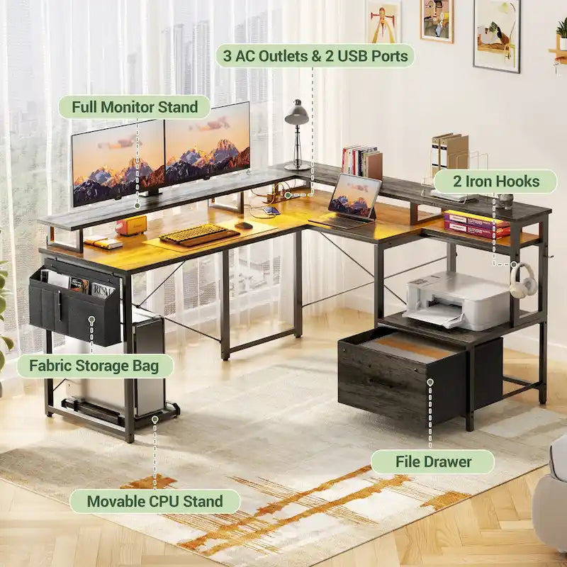 Bureau d'angle en forme de L avec tiroir de classement et support d'imprimante, bureau d'angle réversible pour ordinateur avec prise de courant et bande LED