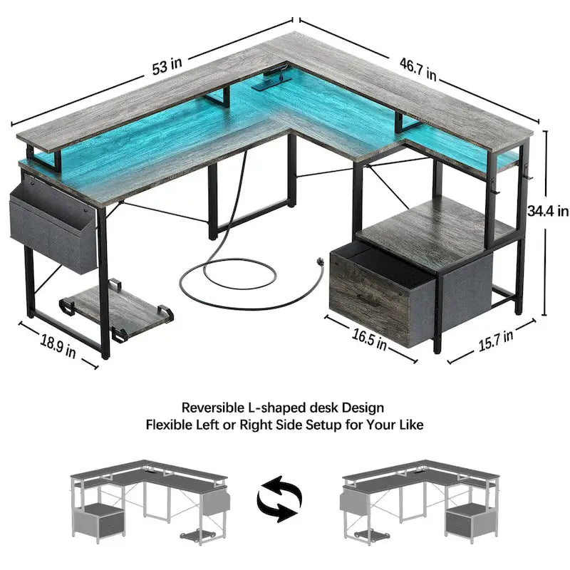 Bureau d'angle en forme de L avec tiroir de classement et support d'imprimante, bureau d'angle réversible pour ordinateur avec prise de courant et bande LED
