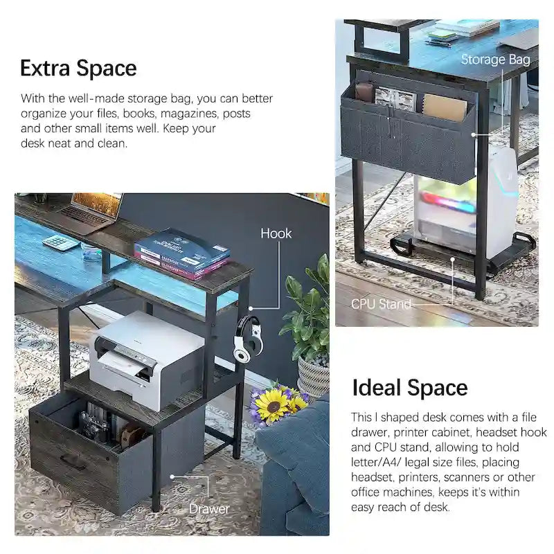 Bureau d'angle en forme de L avec tiroir de classement et support d'imprimante, bureau d'angle réversible pour ordinateur avec prise de courant et bande LED