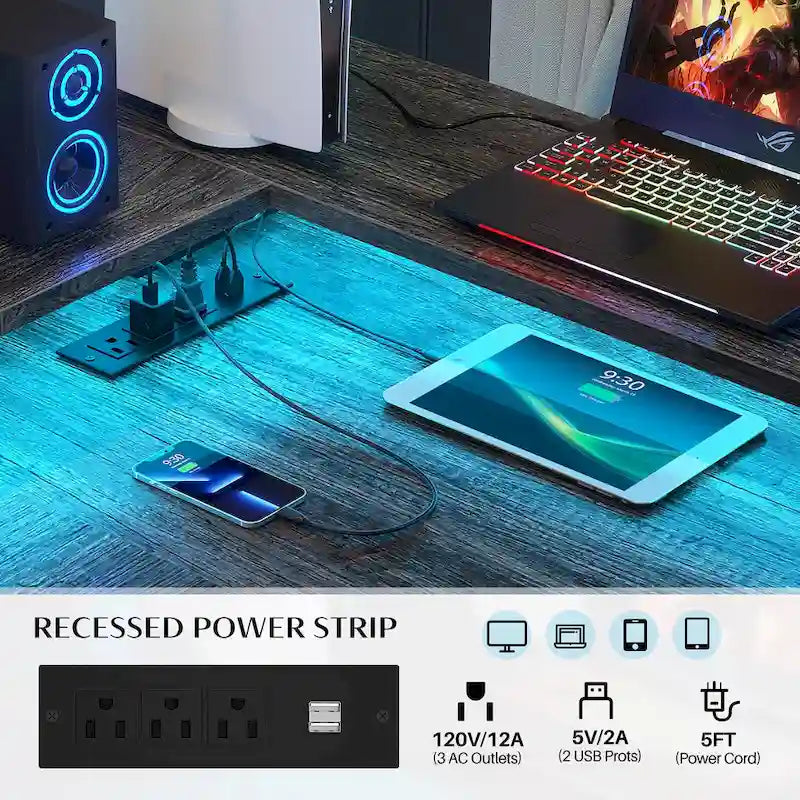 Bureau d'angle en forme de L avec tiroir de classement et support d'imprimante, bureau d'angle réversible pour ordinateur avec prise de courant et bande LED