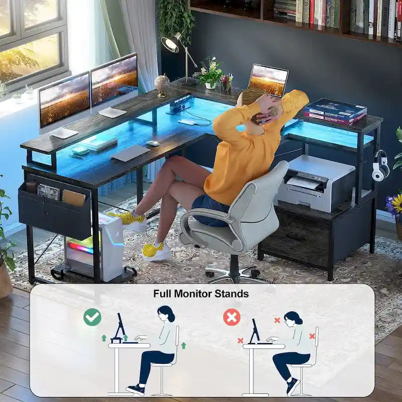 Bureau d'angle en forme de L avec tiroir de classement et support d'imprimante, bureau d'angle réversible pour ordinateur avec prise de courant et bande LED